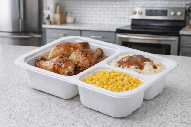 Bone White 29 oz. Three-Compartment Medium Rectangle Tray (18-5.5-5.5 oz.)
