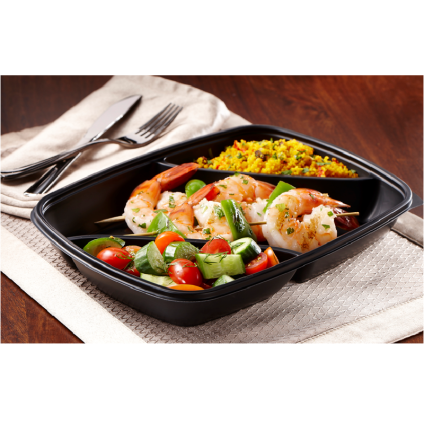 Black 35 oz. Three-Compartment Medium Rectangle Container (22-6.5-6.5 oz.)