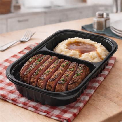Black 68 oz. Large Rectangle Two-Compartment Tray
