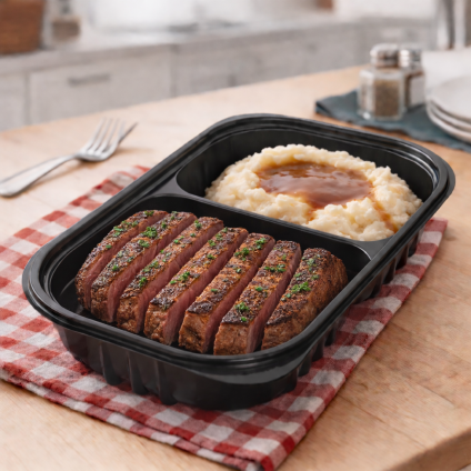 Black 68 oz. Large Rectangle Two-Compartment Tray