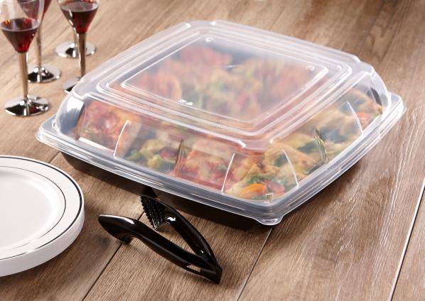Black 14" Square Deep Party Platter with Clear PP 2.5" Lid (155 oz.)