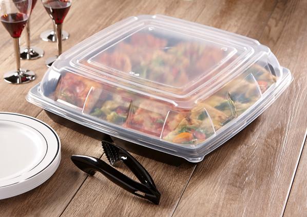 Black 14" Square Deep Party Platter with Clear PP 2.5" Lid (155 oz.)