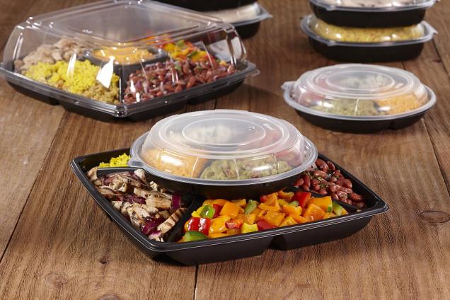 Black 10" Four-Compartment Round Stackable Party Platter with Clear Dome Lid (4x6 oz.)