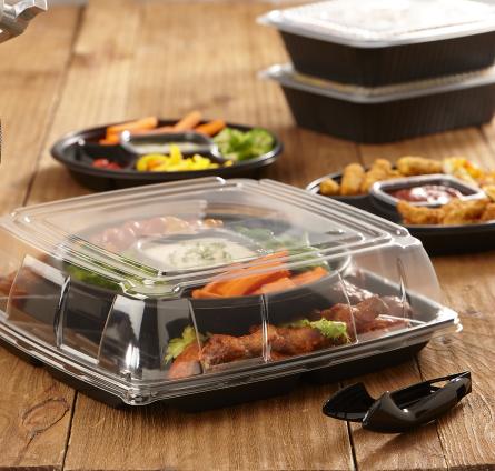 Black 16" Four-Compartment with Center Compartment Square Stackable Party Platter and Clear 3" Dome Lid (4x16oz.)
