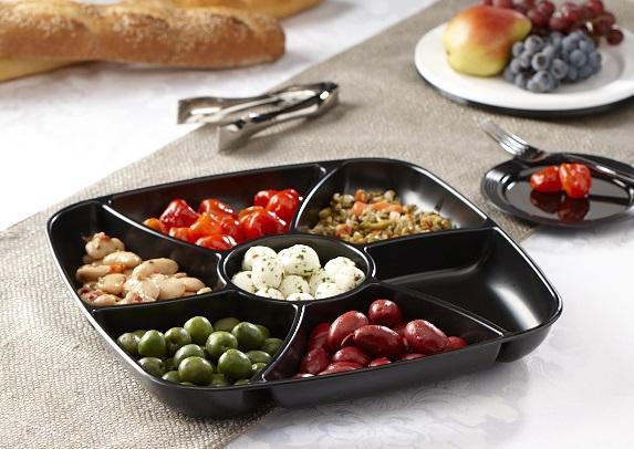 Black 14” x 14” Mozaïk® Six-Section Square Platter with Clear Dome Lid (6x17/9 oz.)