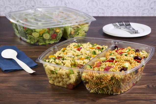 Clear PET 160 oz. Two-Compartment Pop-Top Square Bowl