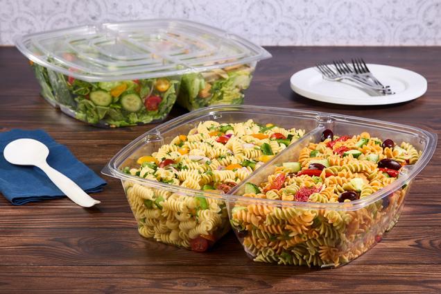 Clear PET 160 oz. Two-Compartment Pop-Top Square Bowl
