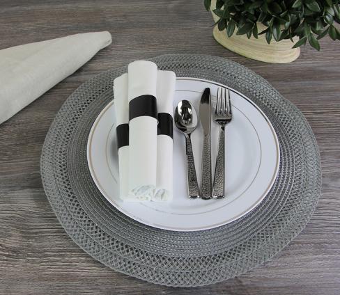 Rolled Cutlery Kit: Silver Look Fork, Knife and Spoon with Hammered Pattern in a High Quality Napkin, Sealed with Black Band
