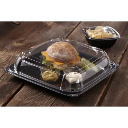Black 16" UltraStack® Square Platter with Clear 3" Dome Lid