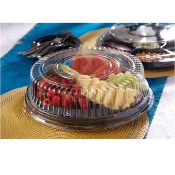 Sabert UltraStack Thermoformed Disposable Square Catering Tray with Lid  Black Platter Clear Dome, 16 Length x 16 Width x 3.06 Height