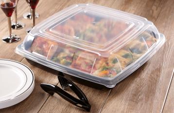 Sabert UltraStack Thermoformed Disposable Square Catering Tray with Lid  Black Platter Clear Dome, 12 Length x 12 Width x 3.06 Height | 25/Case