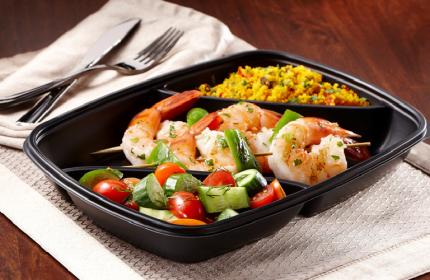 Black 35 oz. Three-Compartment Medium Rectangle Container (22-6.5-6.5 oz.)