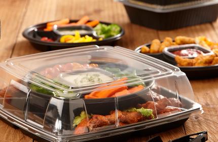 Black 16" Four-Compartment with Center Compartment Square Stackable Party Platter and Clear 3" Dome Lid (4x16oz.)