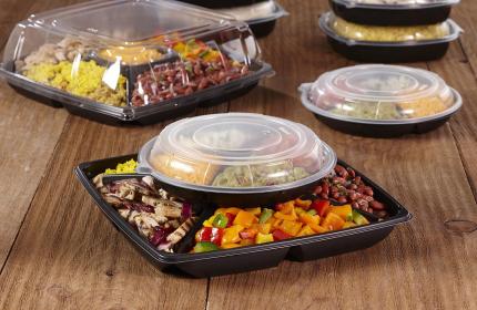 Black 10" Four-Compartment Round Stackable Party Platter with Clear Dome Lid (4x6 oz.)
