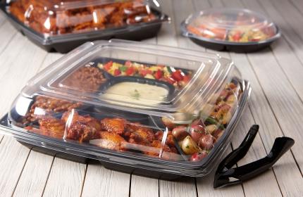 Black 14" Four-Compartment with Center Compartment Square Stackable Party Platter and Clear 3" Dome Lid (4x14 oz.)