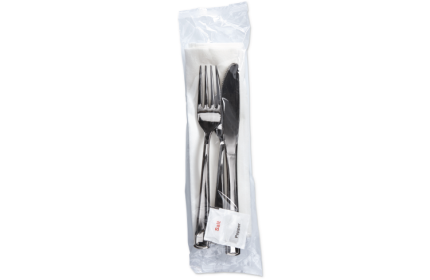 Bagged Cutlery Kit: Silver Look Fork, Knife and Spoon with Salt & Pepper and High Quality Napkin