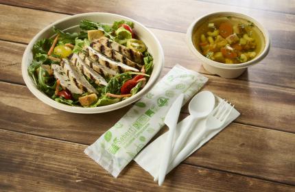 Wrapped Compostable Cutlery Kit: White Fork, Knife, Spoon & Napkin