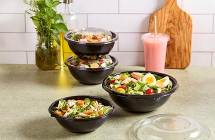 Black 48 oz. Large Round Bowl With Clear Dome Lid