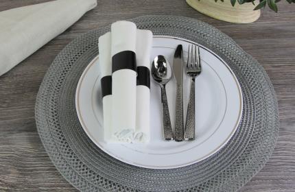 Rolled Cutlery Kit: Silver Look Fork, Knife and Spoon with Hammered Pattern in a High Quality Napkin, Sealed with Black Band
