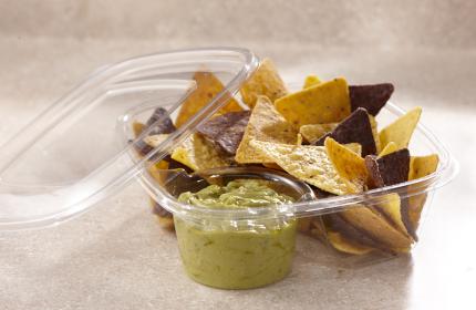 Clear 32 oz. Square Container with 4.5 oz. Dip Cup Compartment and Clear Flat Lid