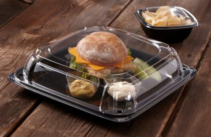 Black 10.7" UltraStack® Square Platter with Clear 2" Low Dome Lid 