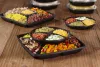Black 14" Four-Compartment with Center Compartment Square Stackable Party Platter and Clear 3" Dome Lid (4x14 oz.)